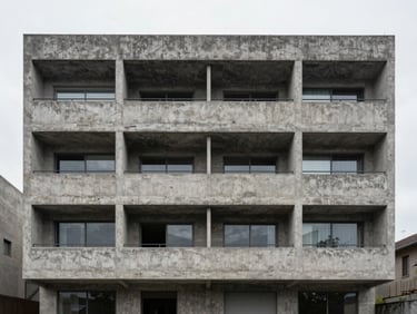 Straight-on architectural photograph of a brutalist concrete house facade, natural overcast morning light, realistic desaturated tones.
