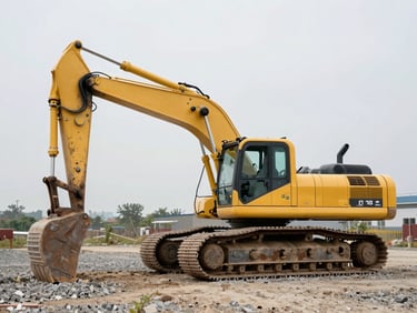 Profile shot of a heavy-duty yellow crawler excavator parked on gravel, natural overcast daylight, raw industrial detail.