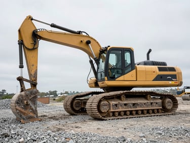 Raw profile shot of heavy machinery on gravel, high detail, realistic desaturated tones