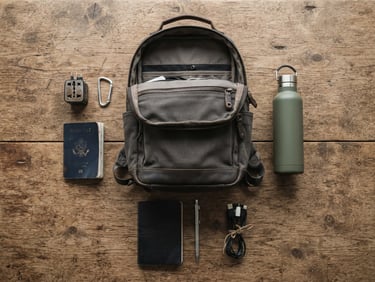Overhead flat-lay of a compact travel backpack, passport, universal adapter, and water bottle arranged neatly on a wooden table, soft overcast light