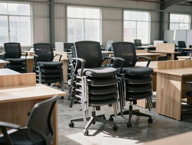 Organized stacks of corporate office chairs and disassembled wooden desks inside a spacious warehouse, bright natural daylight, desaturated cool tones
