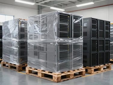 Pallets of wrapped servers and network equipment ready for transport in a warehouse, 35mm lens