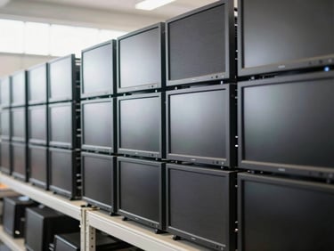 Close up of organized stacks of computer monitors on shelves in a sorting facility, 35mm lens
