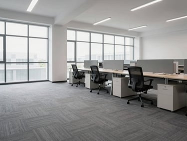 Empty modern office room with clean grey carpet, large windows, desks removed, 35mm lens