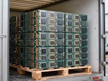 Stacked corporate CPUs and hardware on a wooden pallet inside a truck, bright natural warehouse light, desaturated cool tones, 35mm lens