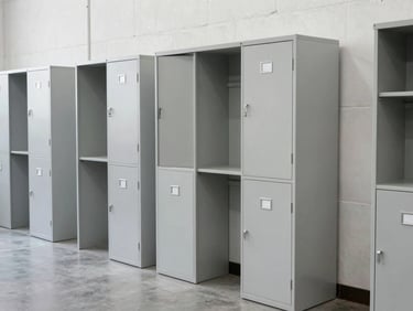 Rows of empty grey metal filing cabinets and dismantled office partition panels lined up against a white concrete wall, clean composition, 35mm lens