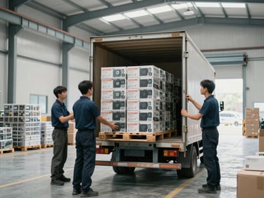 Industrial warehouse interior with logistics team loading a box truck with pallets of electronics, 35mm lens