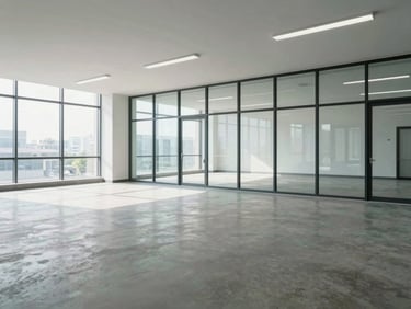 Wide shot of an empty commercial office floor with clean glass windows, natural daylight, reflecting a completely cleared space ready for handover