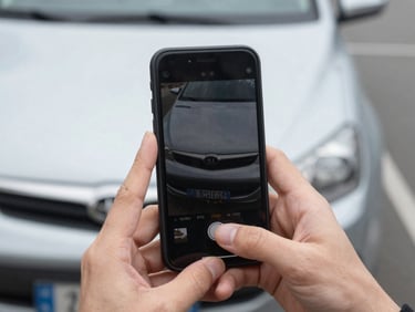 A close-up of hands holding a smartphone in soft natural overcast light outdoors, capturing a photo of a minor car bumper scratch, sharp focus, 35mm lens.