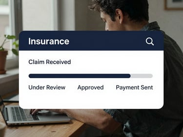 Clean UI screenshot of a mobile insurance dashboard showing a simple progress bar: Claim Received, Under Review, Approved, Payment Sent. High-contrast slate-navy layout.