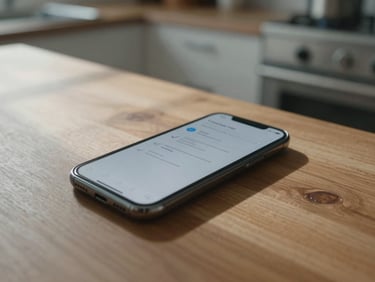 Documentary film photography, a clean modern smartphone resting on a wooden kitchen table, soft morning sun casting long shadows, sharp focus on the screen showing a simple claim-success checkmark UI.