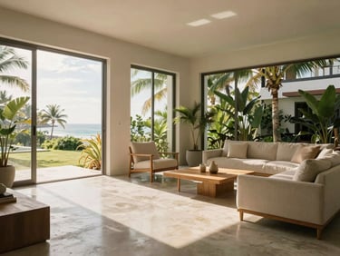 Bright modern villa interior with large windows, warm Caribbean daylight streaming onto polished concrete floors, minimalist furniture, tropical plants.