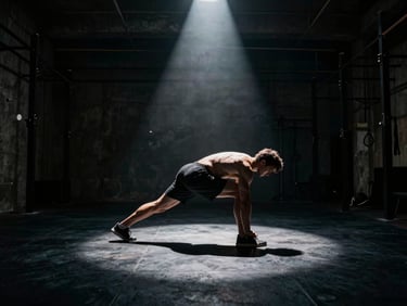 Anamorphic wide shot of an athlete training in a dark concrete gym, dramatic spotlight from behind