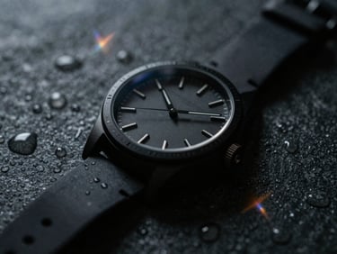 Close-up of a premium matte black watch on a dark stone surface, water droplets, moody backlight, high contrast