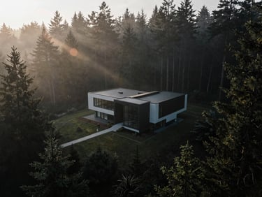 Drone perspective of a modern architectural home nestled in a foggy pine forest, early morning light
