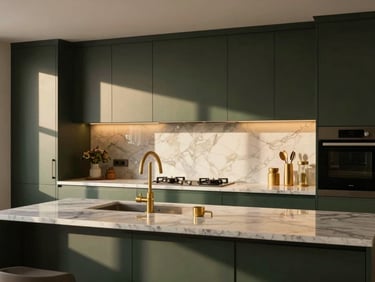 High-end bespoke kitchen design, dark green cabinets, marble countertops, integrated gold fixtures, warm sunlight, modern clean lines