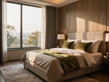 Luxurious master bedroom suite, warm sunlight streaming through large windows, upholstered headboard in neutral tones, refined wood finish, high-end editorial styling