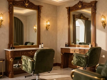 Majestic classic salon room in Riyadh, ornate hand-carved wooden details with subtle gold leaf accents, rich fabrics, warm editorial lighting