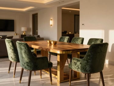 Grand dining room setup, solid oak dining table with gold accents, elegant velvet chairs, warm ambient lighting, upscale Riyadh villa interior