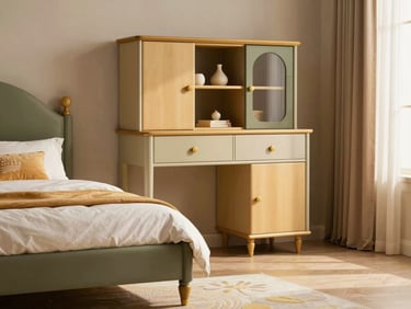 Charming and elegant modern children bedroom, soft warm lighting, high-quality durable wooden furniture, sophisticated pastel tones, editorial shot