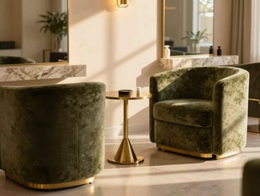 Contemporary luxury salon parlor, plush olive green armchairs, warm golden hour sunlight, minimalist brass side table, high-end Saudi home interior