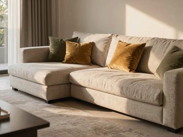 Modern L-shaped sectional sofa in a spacious sunny living room, neutral linen fabric, cozy textures, warm natural lighting, 35mm architectural shot