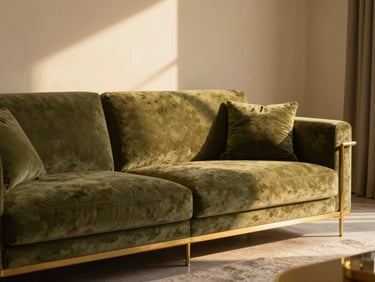 Editorial interior shot of a luxury Saudi living room, warm golden hour light, olive green velvet sofa, brass details, 35mm photography