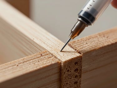 Extreme close-up of a specialized micro-injector needle delivering precise treatment into a structural wood joint, high-contrast natural light.