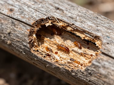 Macro close-up of a compromised structural wooden beam, hollowed out by termites, showing layered internal decay, high-contrast natural light.