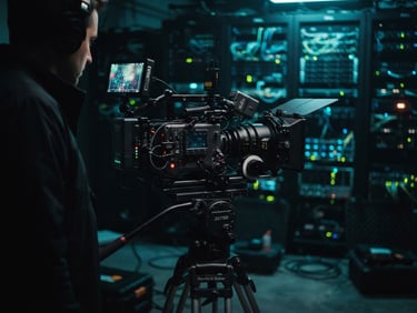 Wide shot of a high-end cinema camera rig on set, with a blurred background of glowing server racks, moody low-key lighting with electric cyan accents, shallow depth of field, 35mm cinematic tech photography.