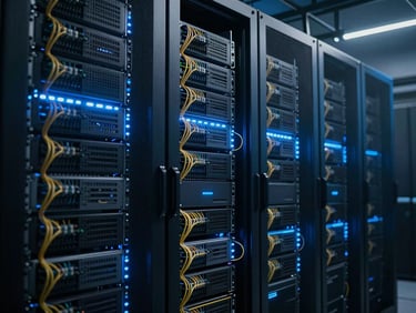 Wide shot of modern server racks with neatly organized, color-coded cabling, illuminated by cool blue accent lights in a data center, moody atmosphere