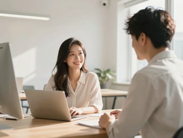 Candid interaction between two people in an airy, sun-filled minimalist office space, warm morning sunlight