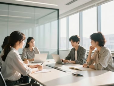Small group collaborating in a bright, modern glass-walled conference room with morning sun, natural soft tones