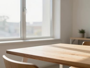 Sun-drenched modern workspace with natural light streaming through large windows, minimalist wooden table, soft shadows, airy atmosphere, 35mm lens