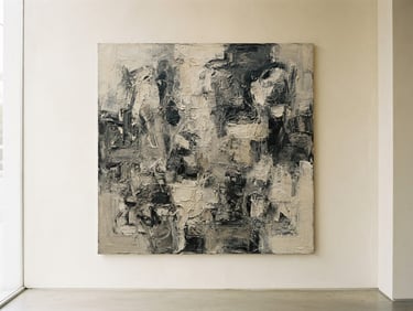 Elegant gallery photography, soft natural window light, an abstract oil painting with heavy texture hanging on a warm cream wall, architectural framing, 35mm lens.