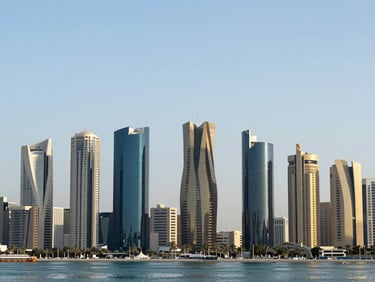Wide-angle architectural photography of the Doha skyline from West Bay, bright daylight, deep navy tones.
