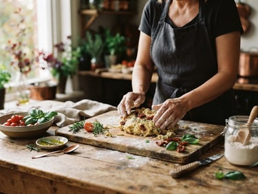 Warm editorial photography of a rustic wooden table with fresh ingredients, hands preparing a dish under soft northern daylight, shallow depth of field, 35mm