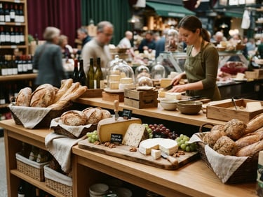 A modern artisanal cheese and bread counter with clean wooden displays, soft ambient lighting, sophisticated gourmet market.