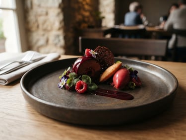 A beautifully plated modern dessert on a dark ceramic dish, soft side lighting, minimalist restaurant interior, editorial style.