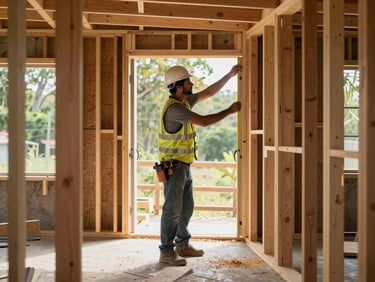 General contractor measuring timber framing inside a half-finished room in a Central Trinidad home, late-morning sunlight through an open window frame, sawdust on the concrete floor
