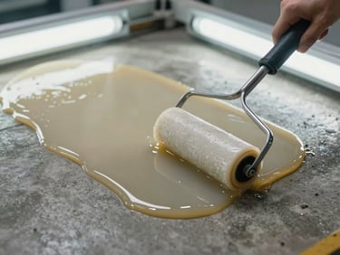 Close-up overhead shot of wet epoxy resin being spread on industrial concrete floor under fluorescent factory lighting, roller applicator visible at frame edge