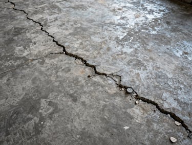 Top-down documentation photo of cracked industrial concrete floor before repair, wear patterns and surface spalling visible under direct overhead warehouse light