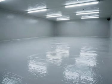 Eye-level view of polyurethane flooring system being applied in a food processing facility, seamless light grey surface under cool overhead fluorescent light, no workers present