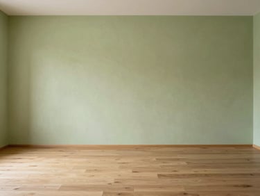 Strict straight-on architectural elevation of a minimalist Swiss living room, seamless transition between light oak flooring and textured lime plaster walls, bathed in soft diffused daylight.