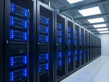 Wide environmental shot of a mission-critical data center cooling corridor, glowing blue LED indicators on server racks, cold aisle containment ceiling panels, sharp technical perspective, industrial photography.