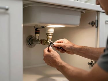 Wide shot of a plumber's hands tightening a pipe fitting under a kitchen sink, tungsten work light illuminating the cabinet interior, real domestic kitchen visible in the background through the open cabinet door