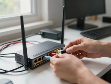 Close-up of hands connecting a network cable into a router on a desk cluttered with cables and a monitor, natural daylight from a side window, real small-office interior visible in background