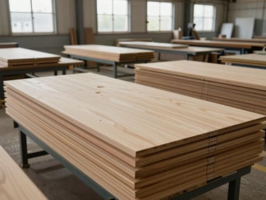 Factory floor wide shot showing organized workstation with cut pinewood panels and framing members stacked by dimension, raking light from high windows, no workers present