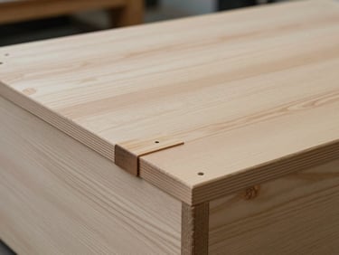 Close-up of a sheathed wooden export case lid, cross-member reinforcement visible in cross-section under cool warehouse ambient light, clean grain surface, no branding or text