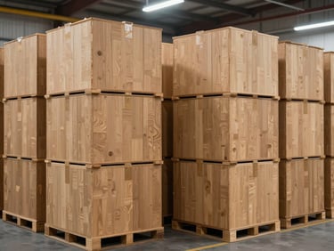 Wide shot of identical wooden packing boxes stacked in organized rows on a warehouse floor under overhead industrial lighting, uniform grain direction visible across all faces